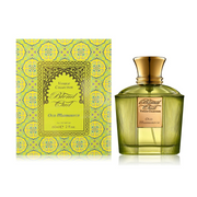 The 60ml "Blend Oud Voyage Collection Oud Marrakech" Eau de Parfum by Rio Perfumes, in a yellow and green patterned box, delivers an enchanting scent that transports you to exotic destinations.