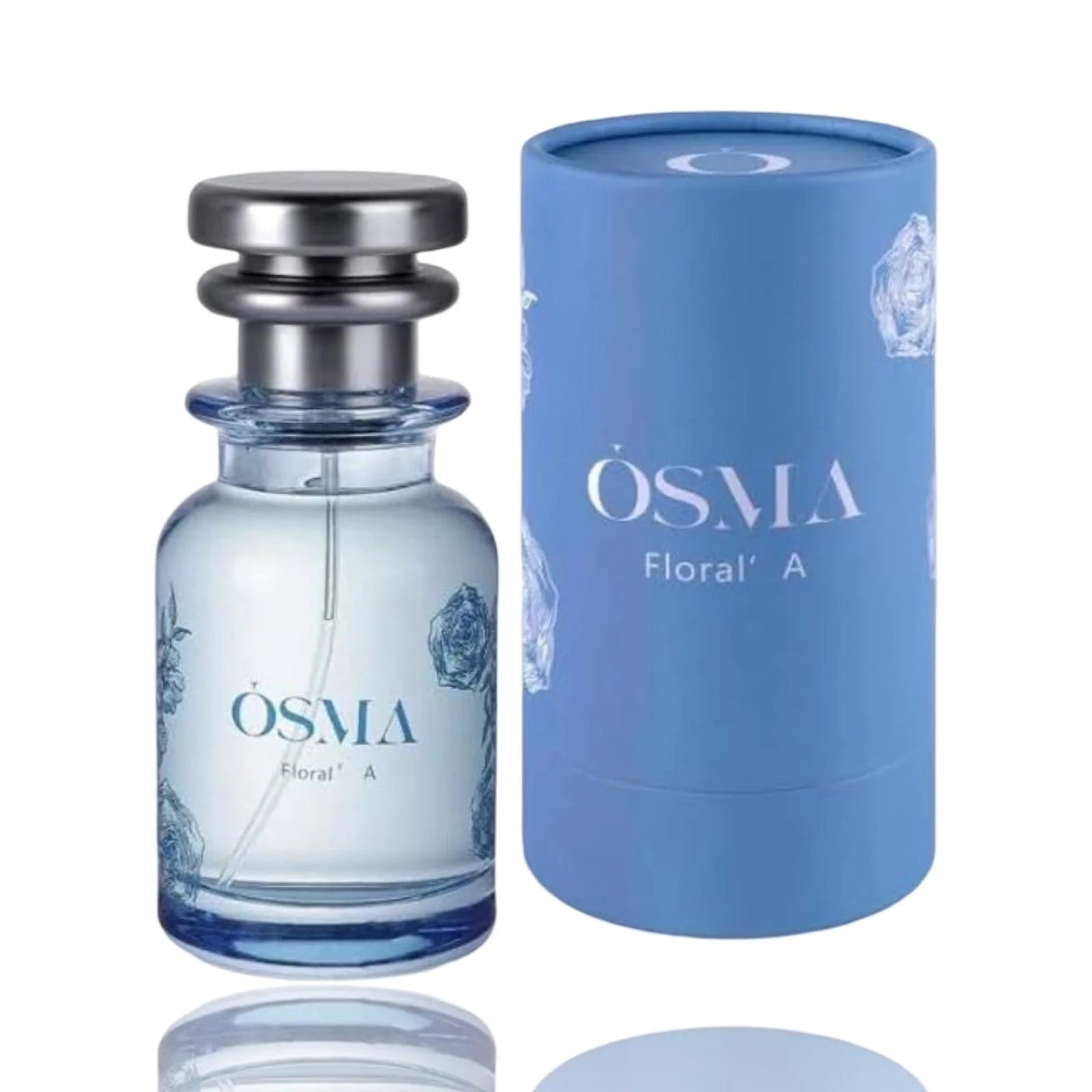 A bottle of Osma Floral A 75ml EDP by Osma Perfumes is displayed beside its blue cylindrical packaging adorned with floral patterns.