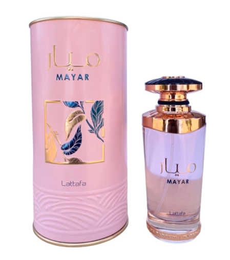 The 100ml Lattafa Mayar Eau De Parfum combines a pink cylindrical packaging and glass bottle, embellished with gold accents and Arabic text, reflecting the essence of a Middle Eastern floral fragrance.