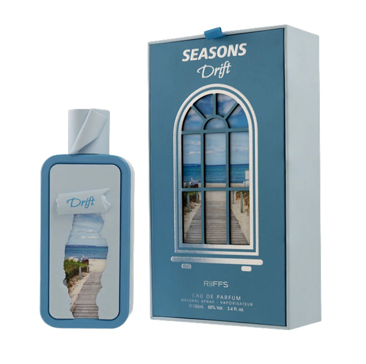 Riiffs Perfumes Seasons Drift 100ml EDP comes in a blue bottle and box, with packaging that showcases a boardwalk beach scene viewed through an arched window.