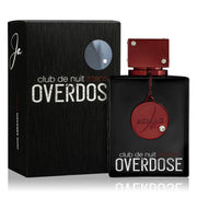 A bottle of Armaf Club De Nuit Overdose 100ml EDP is displayed alongside its matching black and red box featuring Armaf branding, evoking the bold style often associated with John Abraham.
