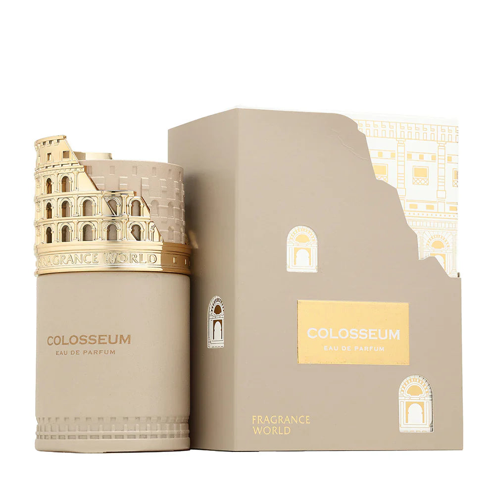 A beige Fragrance World Colosseum 100ml EDP perfume bottle adorned with a gold Colosseum design is displayed beside its matching box, both from Fragrance World, reflecting the character of an oriental woody fragrance.