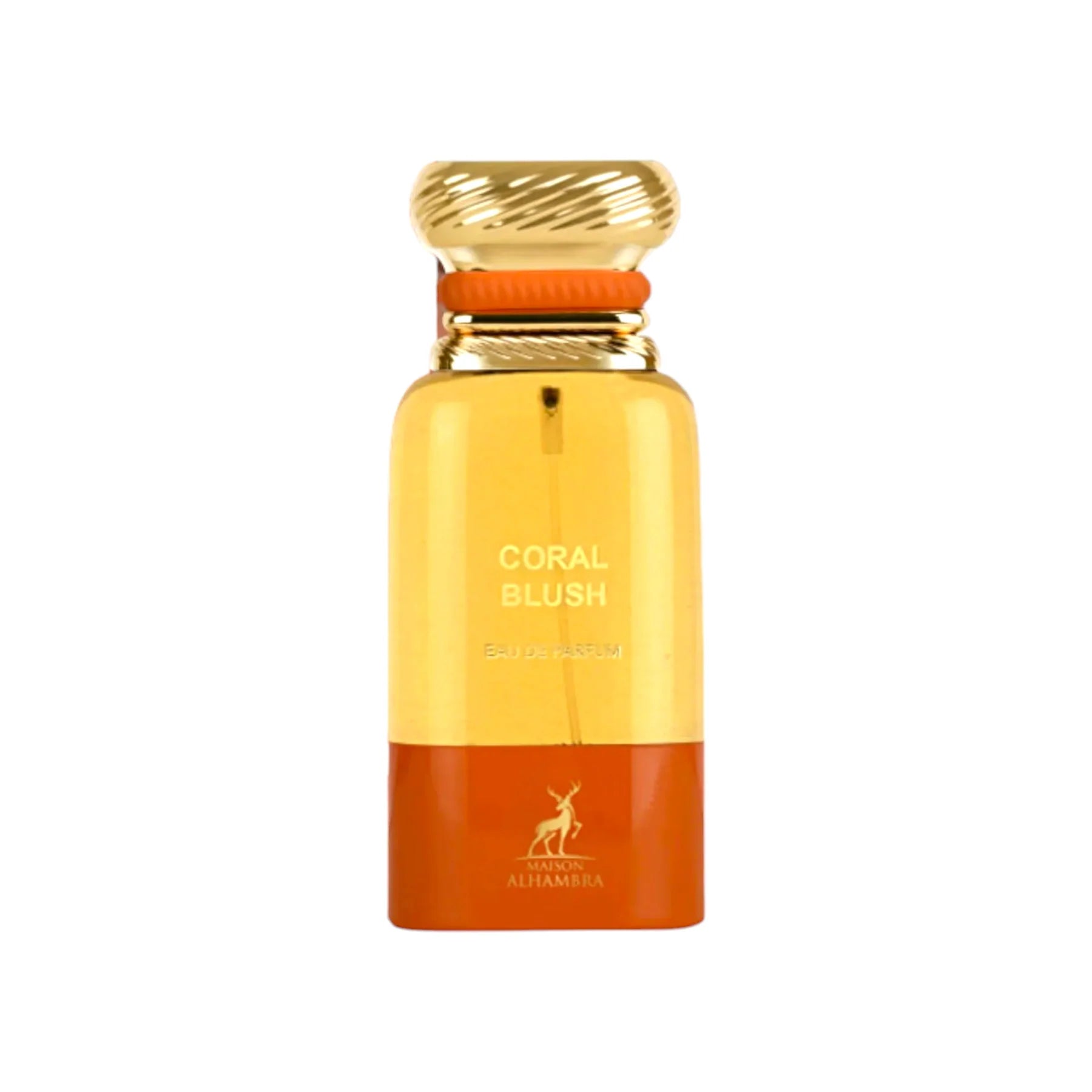 The Maison Alhambra Coral Blush 80ml Eau De Parfum features a golden bottle with a textured cap and orange base, offering an elegant fragrance for both men and women.