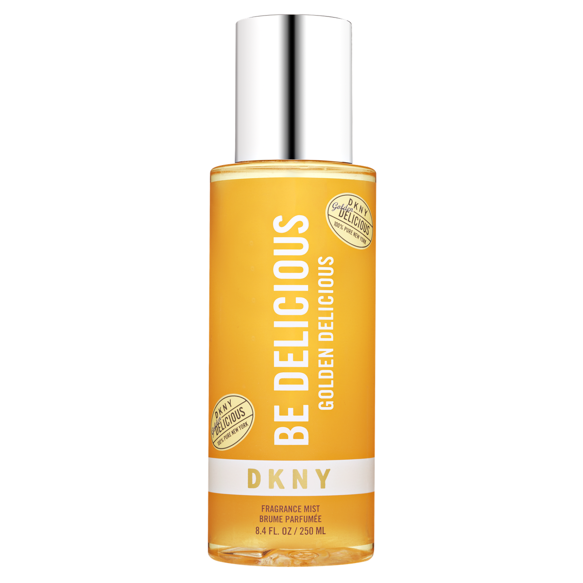 The DKNY Golden Delicious Fragrance Mist 250ml features a clear bottle with yellow liquid, a metallic cap, and bold white and gold labeling, embodying a fresh floral scent.