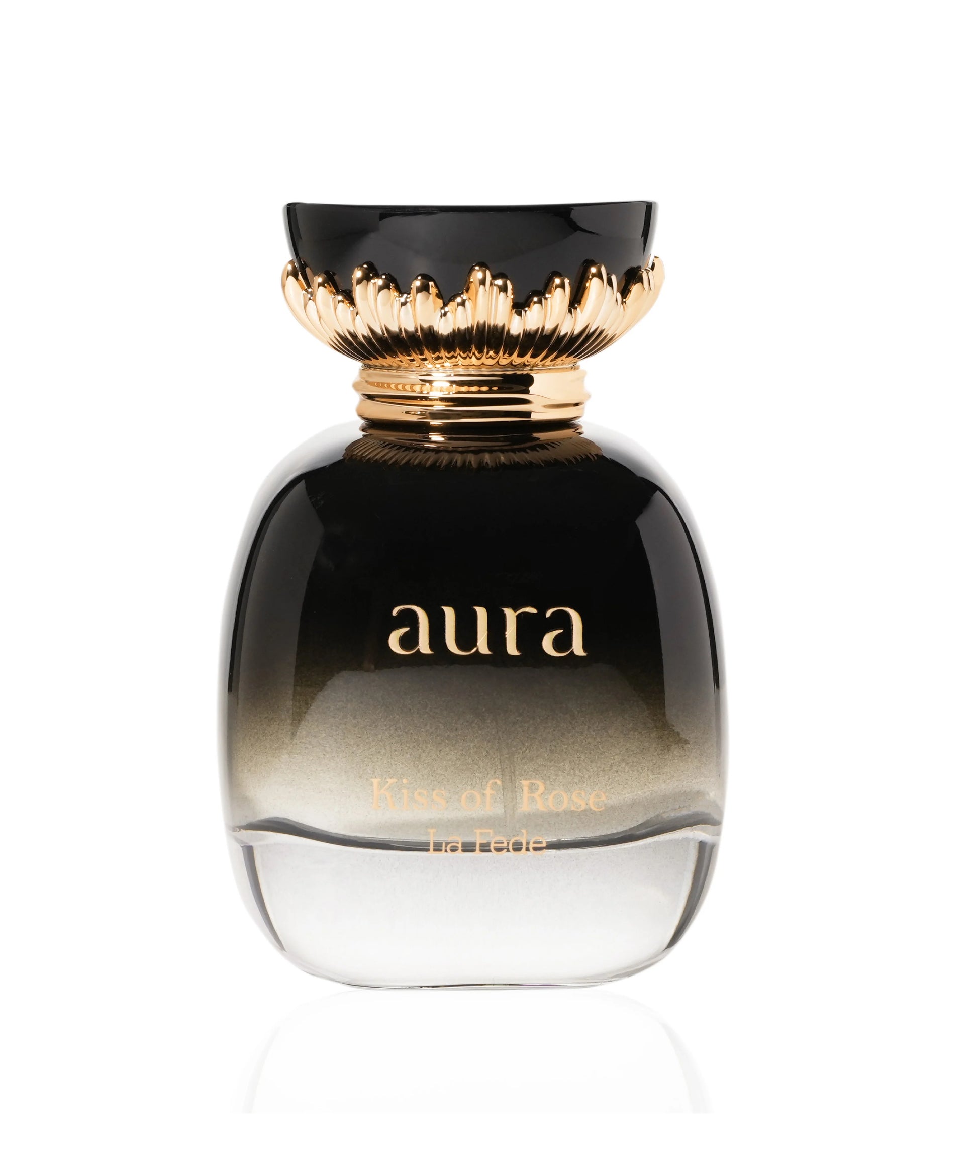 A black and gold perfume bottle labeled "Khadlaj," with "La Fede Aura Kiss of Rose 100ml Eau De Parfum" written below. This Eau De Parfum bottle features an ornate, gold-colored top—a luxurious fragrance for men and women.