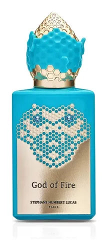 The Stéphane Humbert Lucas 777 Snake Collection God of Fire 50ml EDP features a turquoise bottle with a gold honeycomb cap, embodying an oriental woody fragrance.