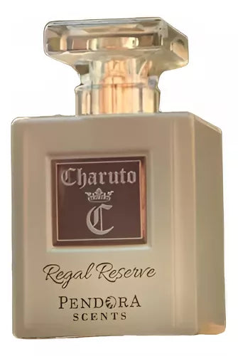 A 100ml bottle of Pendora Scents Charuto Regal Reserve EDP features a square beige design, clear cap, and labeled front.