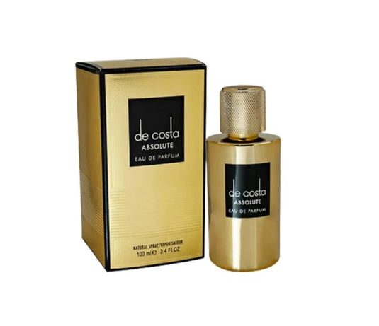 A 100ml bottle of Fragrance World De Costa Absolute Eau de Parfum by Dubai Perfumes on a white background.