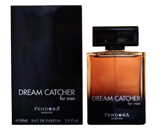 A bottle of "Pendora Dream Catcher Eau De Parfum for men" by Pendora Scents next to its black packaging box, illustrating the design of the fragrance.