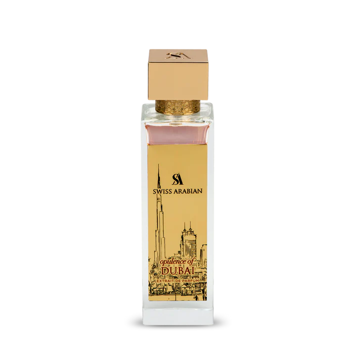 The Swiss Arabian Opulence Of Dubai 100ml Extrait de Parfum features a rectangular glass bottle with gold accents and a cityscape design on the label, suitable for both men and women.