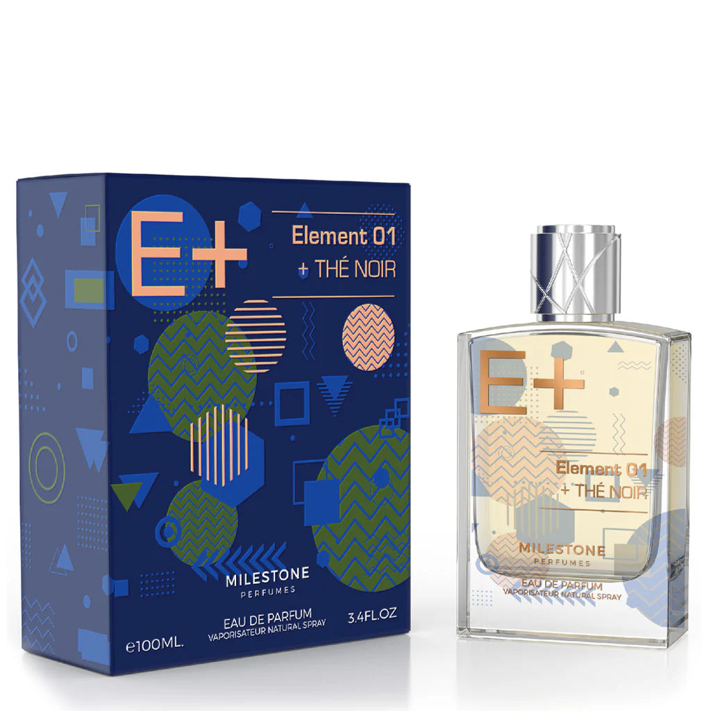 A bottle of Milestone Element 01 + The Noir 100ml EDP sits beside its blue and gold patterned box, both displaying the Milestone brand name and product details.