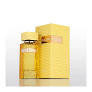 A yellow bottle of Fragrance World Eau De Soleil 100ml EDP stands beside its matching textured yellow box against a white background, inviting you to discover its radiant blend of floral, fruity, and gourmand notes.