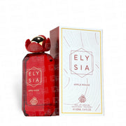 A red Fragrance World Fragrance Elysia Apple Rouge 100ml EDP bottle stands beside its white and red patterned box, which is labeled with product details and holds this exquisite fruity-floral fragrance.