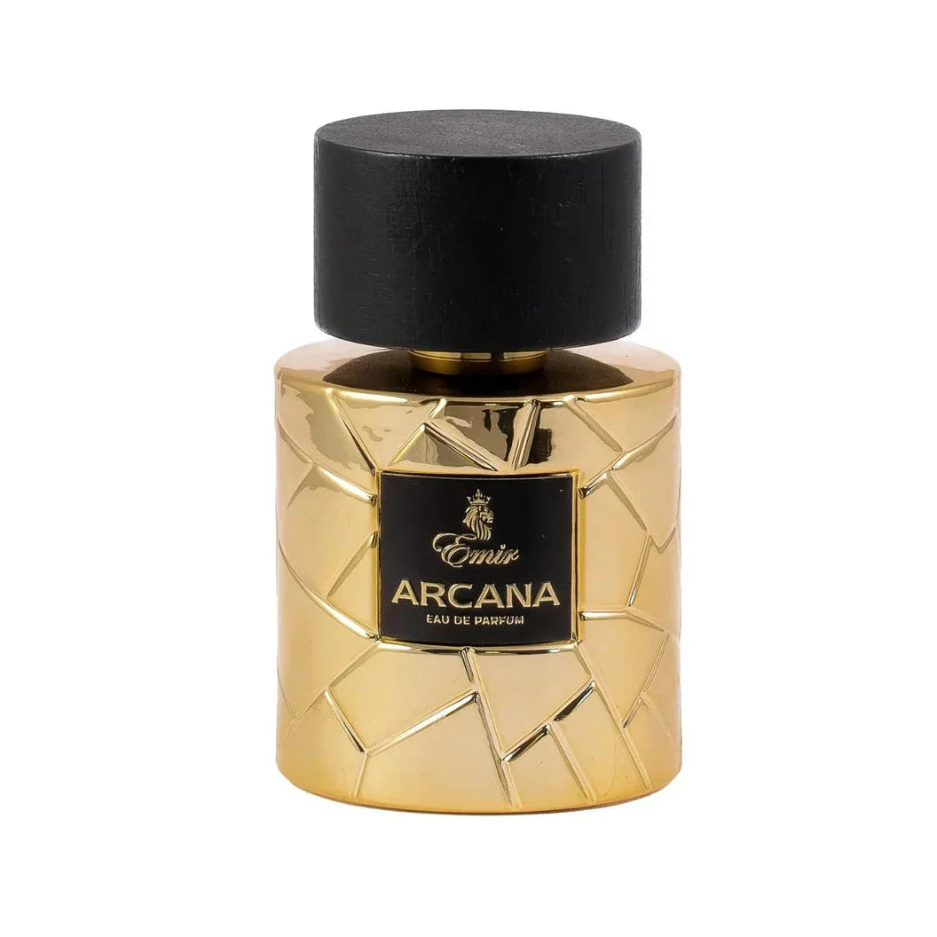 The Emir Arcana 100ml Eau De Parfum features a gold and black bottle with a geometric pattern, complemented by a sleek black cap. The label, highlighted in gold text, suggests the exquisite fragrance notes inside.