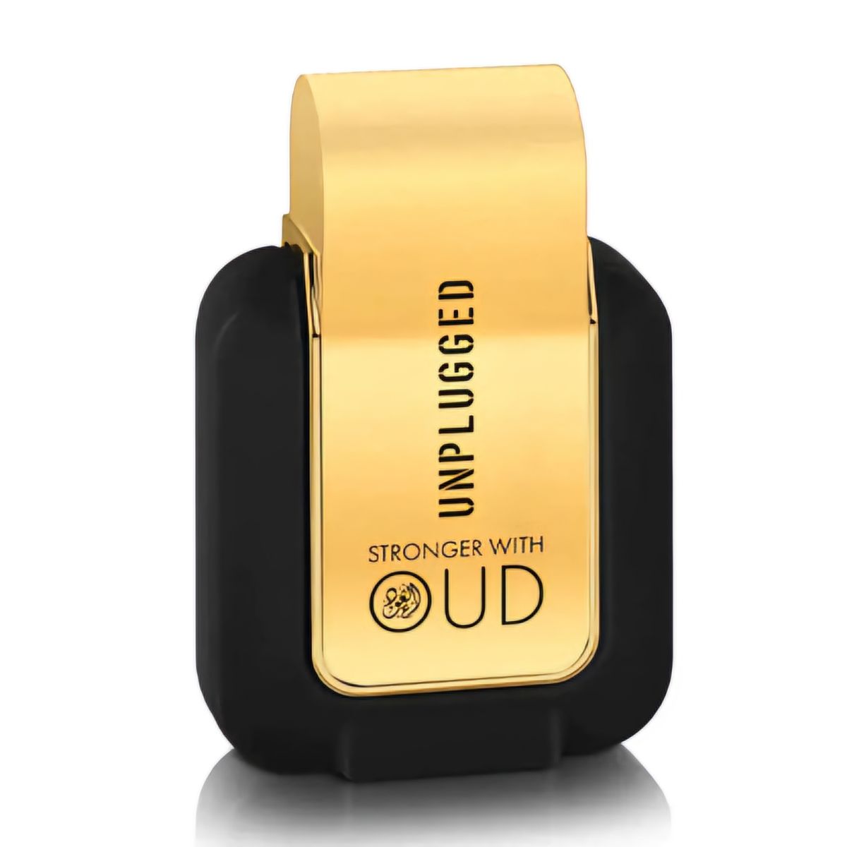 A rectangular black and gold Emper Unplugged Stronger with Oud 80ml EDP bottle stands upright on a white background, presenting a bold men's fragrance.