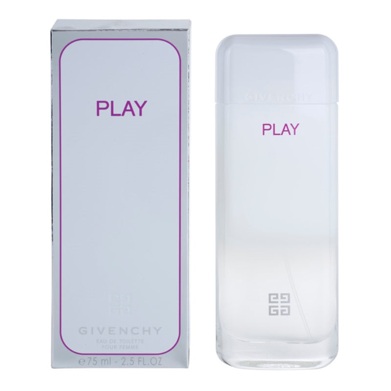 A 75ml (2.5 fl oz) bottle and box of Givenchy Play For Women EDT by Givenchy, featuring a minimalist white design with purple text—an elegant women’s fragrance.