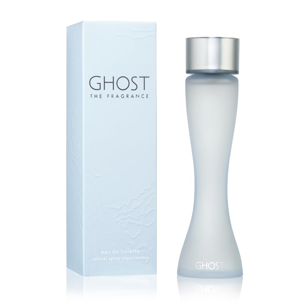 A 150ml bottle of Ghost The Fragrance EDT (100ml + 50ml FREE) by Ghost stands next to its light blue, silver-accented box, embodying the delicate floral fruity scent.