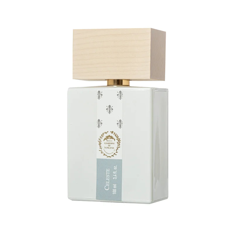 The Giardini di Toscana Celeste 100ml EDP features a white rectangular bottle with a light wooden cap and gold accents—an elegant unisex fragrance favored by niche perfume lovers in Dubai.