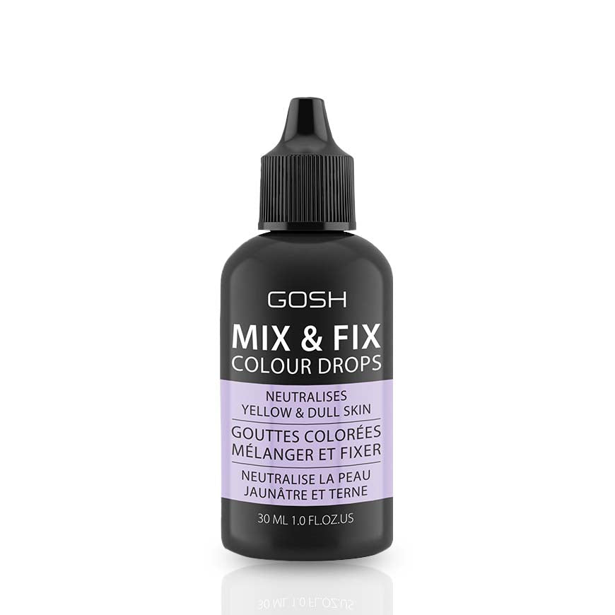 A black bottle of GOSH Mix & Fix Colour Drops Purple 003 with a pointed cap, designed to neutralize yellow and dull skin tones. This versatile product can be mixed with your foundation to cover imperfections and achieve a flawless finish. Contains 30 ml (1.0 fl. oz).