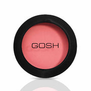 A round black compact with “GOSH” printed on the lid, containing Gosh Natural Blush Flower Power, a long-lasting pink blush powder.