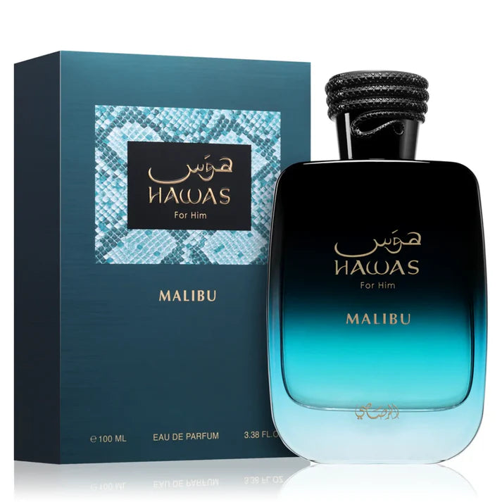 A bottle of Rasasi Hawas Malibu 100ml Eau De Parfum is displayed before its blue and black box, showcasing this striking men's fragrance from Rasasi.