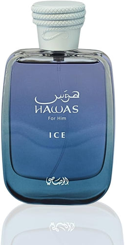 A blue-tinted rectangular glass bottle of Rasasi Hawas Ice For Him 100ml Eau De Parfum, featuring white Arabic and English text, with a white cap wrapped in a braided rope design.