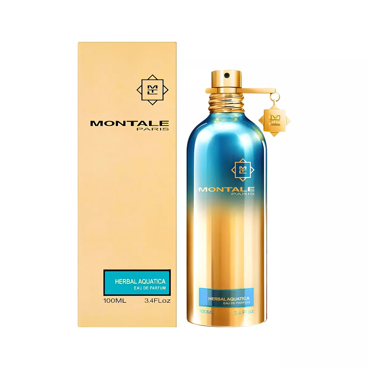 A cylindrical Montale Paris Herbal Aquatica 100ml EDP bottle with a blue-to-gold gradient finish sits next to its matching gold rectangular box.