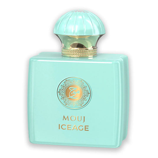 A turquoise perfume bottle with gold accents, labeled 
