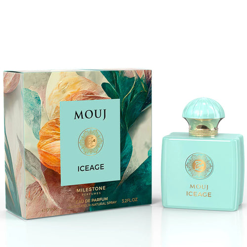 A 95 ml bottle of Milestone Mouge Ice Age 95ml Eay De Parfum by Rio Perfumes, a versatile fragrance for men and women, is shown next to its box adorned with a colorful leaf design. The light blue bottle features a gold emblem and cap.