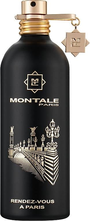 The Montale Paris Rendez-vous A Paris 100ml EDP features a black bottle with a gold bridge and street lamps design, topped with a golden cap and charm. This amber floral fragrance embodies the enchanting allure of a Parisian evening.