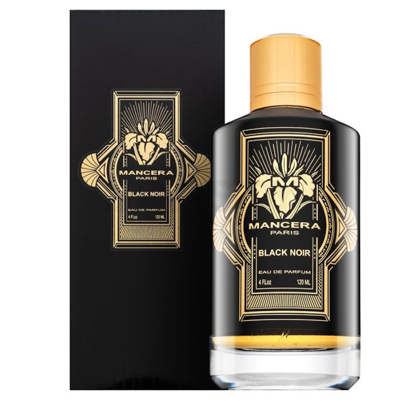 A bottle of Mancera Black Noir 120ml EDP by Mancera stands in front of its coordinating black and gold box.