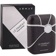 The Armaf Le Parfait Pour Homme 100ml Eau De Parfum, by Armaf, comes in a stylish black and silver bottle and box—an elegant fragrance for men.