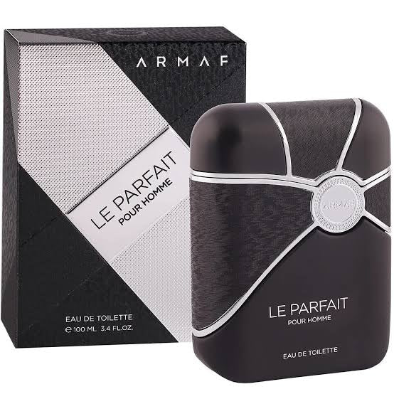 The Armaf Le Parfait Pour Homme 100ml Eau De Parfum, by Armaf, comes in a stylish black and silver bottle and box—an elegant fragrance for men.