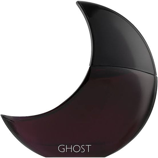 A crescent-shaped, dark-colored Ghost for Women 10ml Miniature Eau De Parfum unboxed bottle with the word "GHOST DEEP NIGHT" printed on it against a white background. Brand Name: Rio Perfumes
