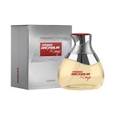 A bottle of Al Haramain Détour Rouge 100ml EDP by Al Haramain is shown beside its coordinating silver and red packaging.