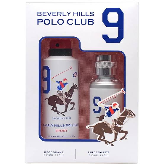 The Berverly Hills Polo Club No. 9 100ml Gift Set by Berverly Hills includes a men’s sport fragrance presented as both a body spray (175ml) and an eau de toilette (100ml), elegantly packaged in a stylish white box featuring the classic horse and rider logo.
