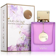 Armaf Club de nuit Maleka 105ml EDP by Armaf, a Floral Fruity fragrance, is shown with its decorative box adorned in elegant purple and gold accents.