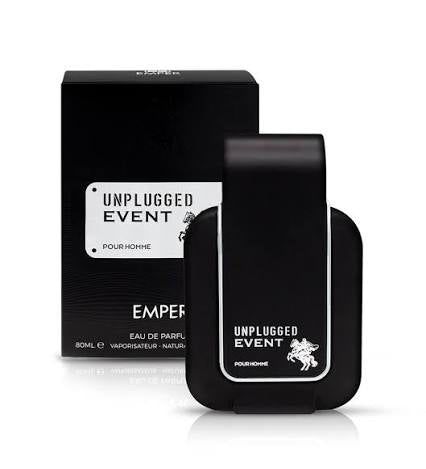 A black bottle of Emper Unplugged Event EDP by Emper is displayed in front of its matching black box, highlighting an elegant scent for men.