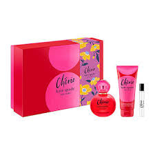 The Kate Spade Cherie Gift Set includes a 100ml Eau de Parfum, 100ml body lotion, and 7.5ml travel spray for women, all elegantly packaged in a red and pink floral-patterned box.