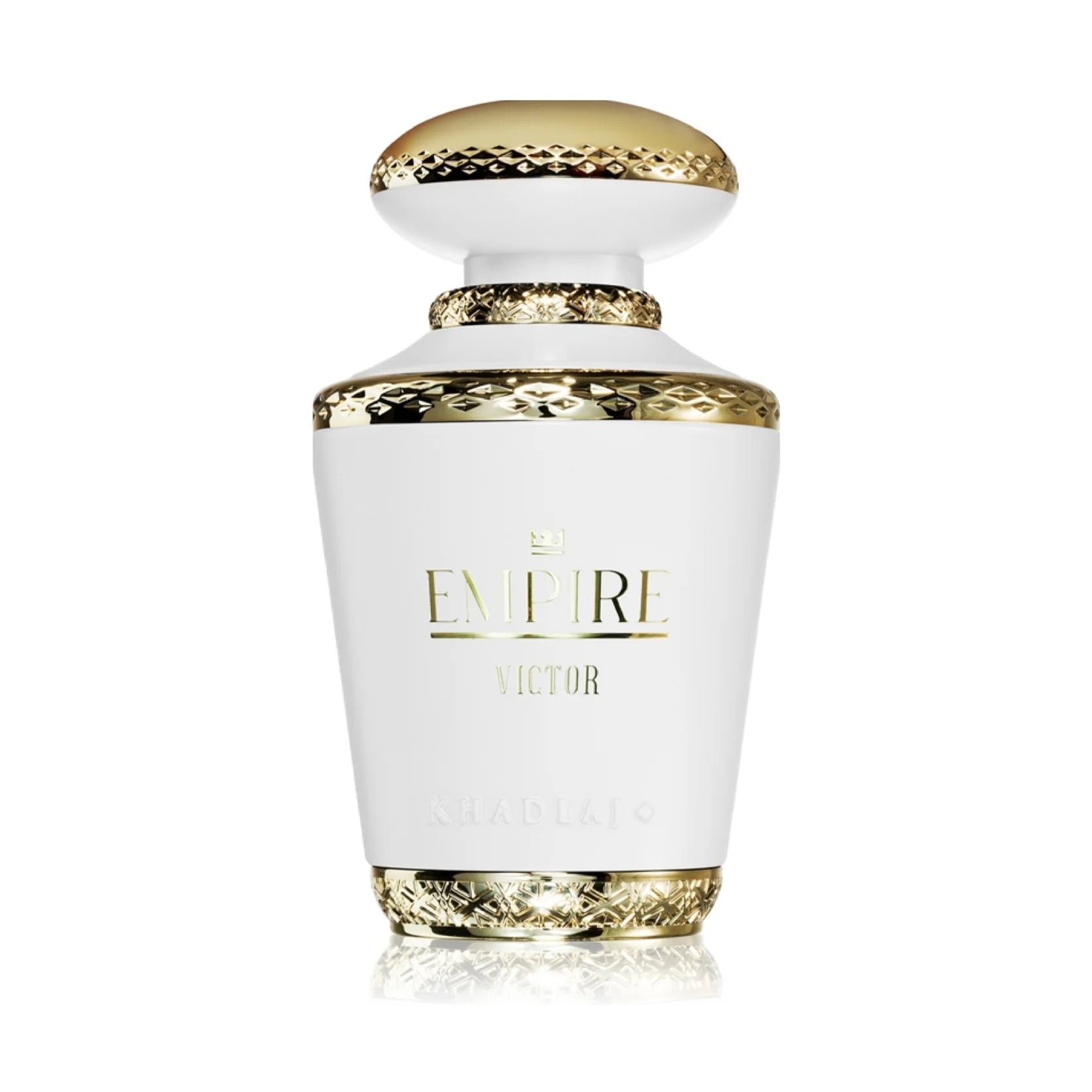 The Khadlaj Empire Victor 100ml EDP features a white and gold bottle with textured gold cap and accents, offering a sophisticated unisex fragrance from Khadlaj.