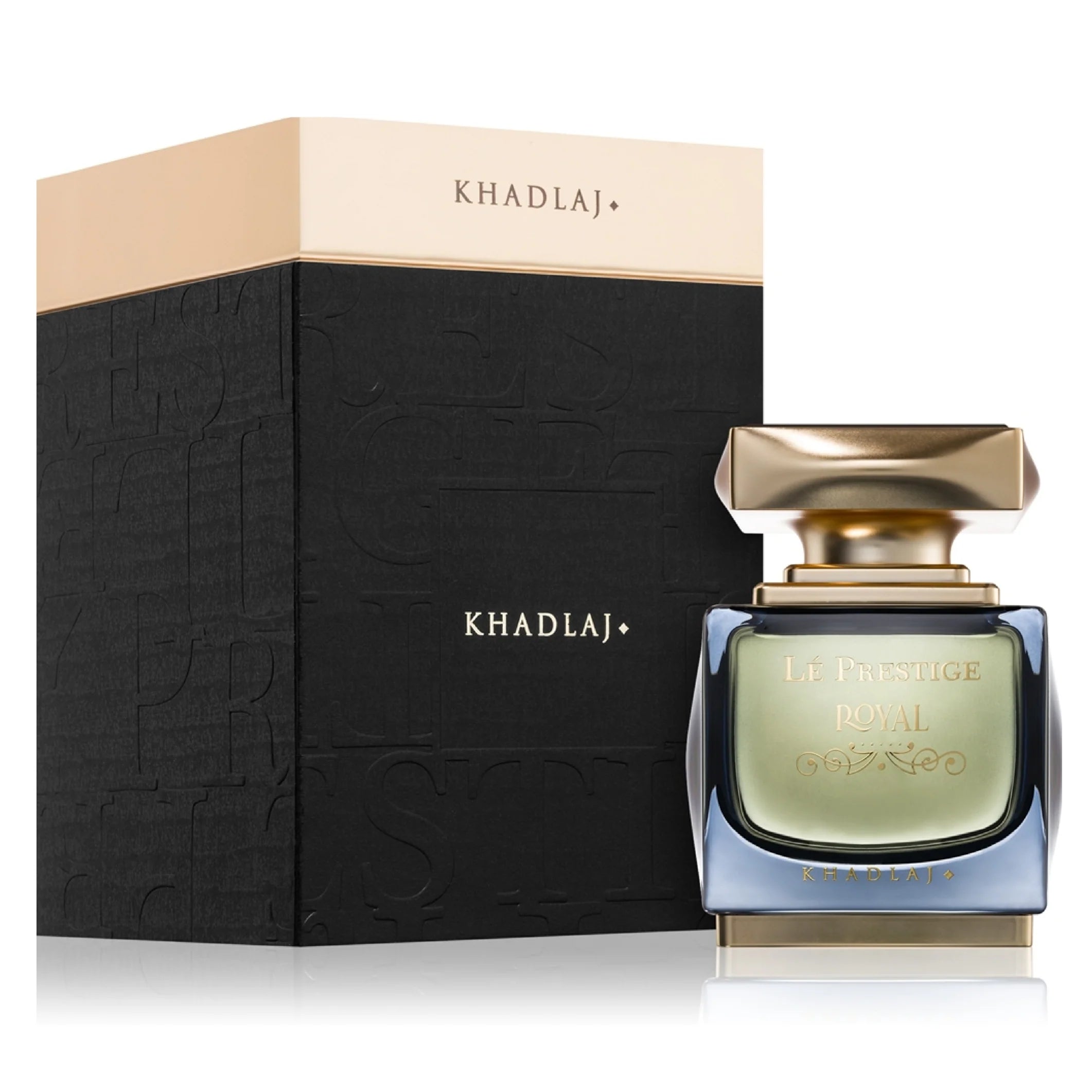 The Khadlaj Le Prestige Royal 100ml unisex fragrance is shown in front of its stylish black and gold packaging box.