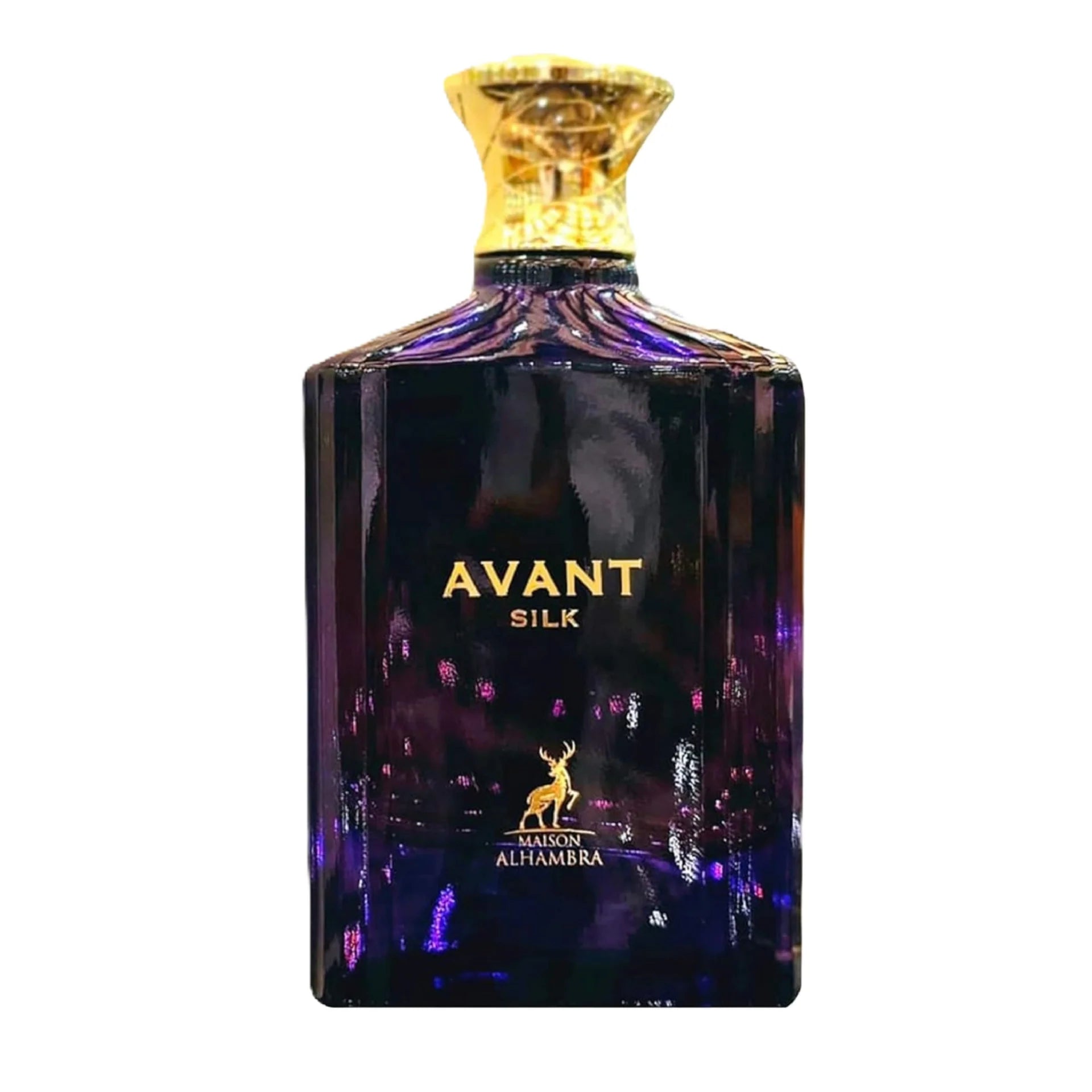 The Maison Alhambra Avant Silk 100ml Eau De Parfum features a dark, faceted glass bottle with a gold cap and labels "AVANT SILK" and "MAISON ALHAMBRA," adorned with a deer logo. This exquisite unisex fragrance embodies timeless elegance and sophistication.