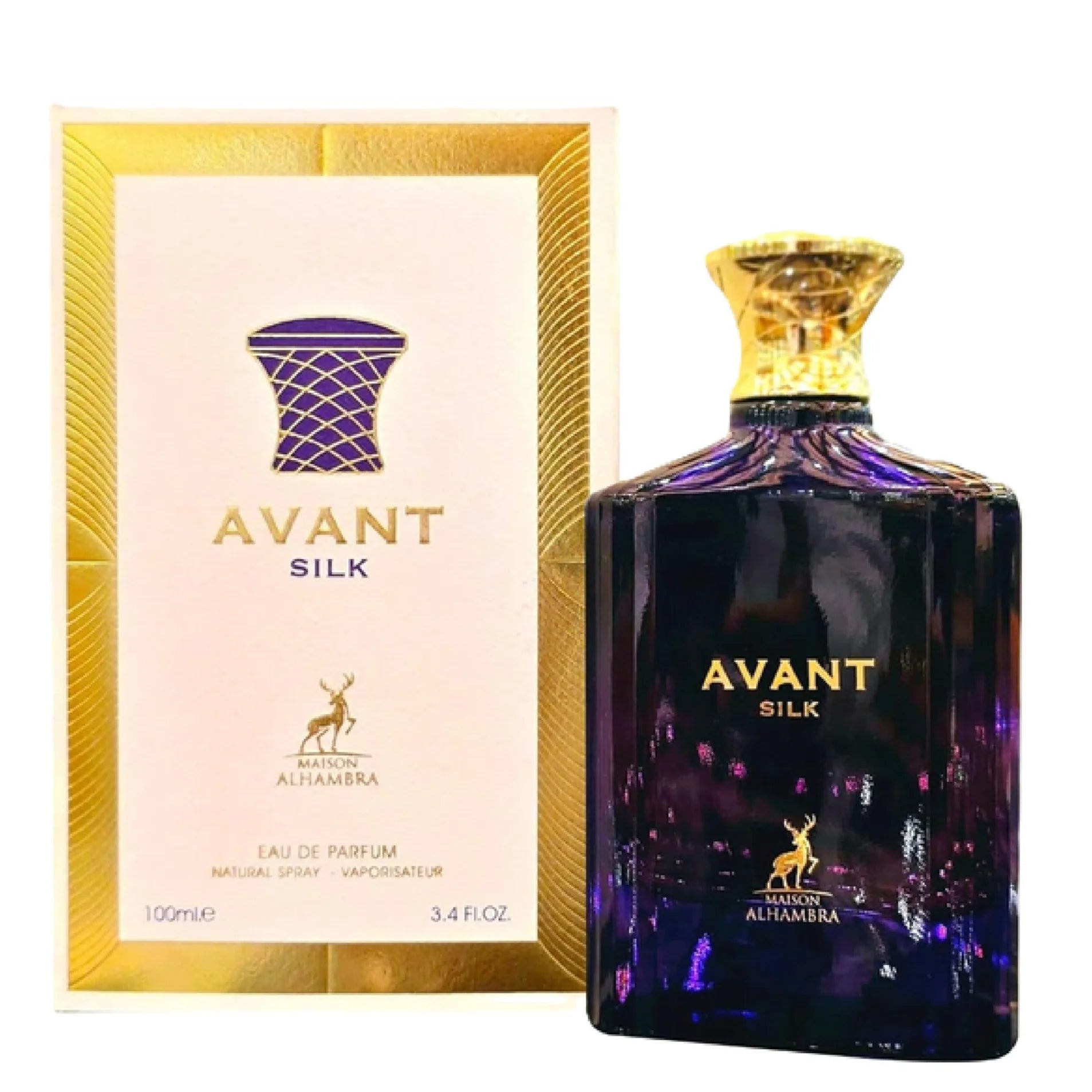 The purple and gold Maison Alhambra Avant Silk 100ml Eau De Parfum stands elegantly beside its matching box, offering a captivating unisex fragrance.