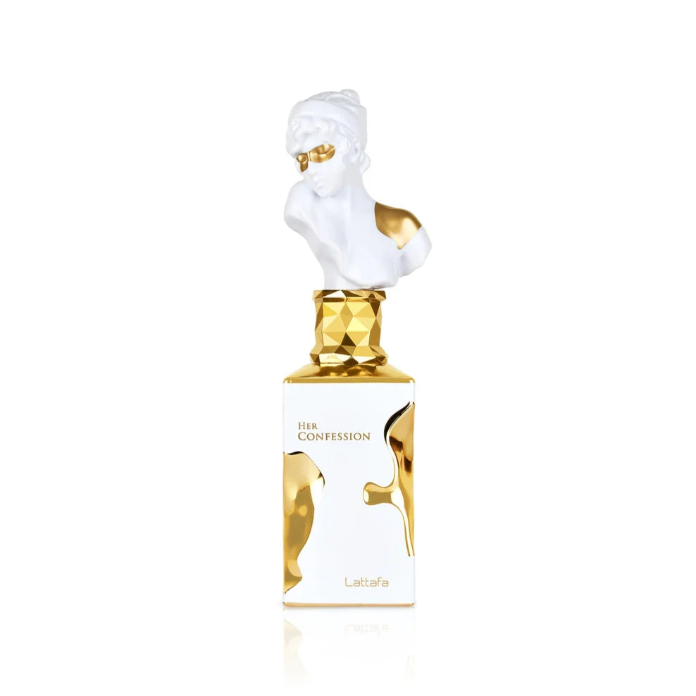 A perfume bottle with gold accents and a sculpted white bust cap, labeled French Avenue Platine Blanc by Lattafa (100ml EDP), suggests a floral scent and is elegantly displayed on a white background.
