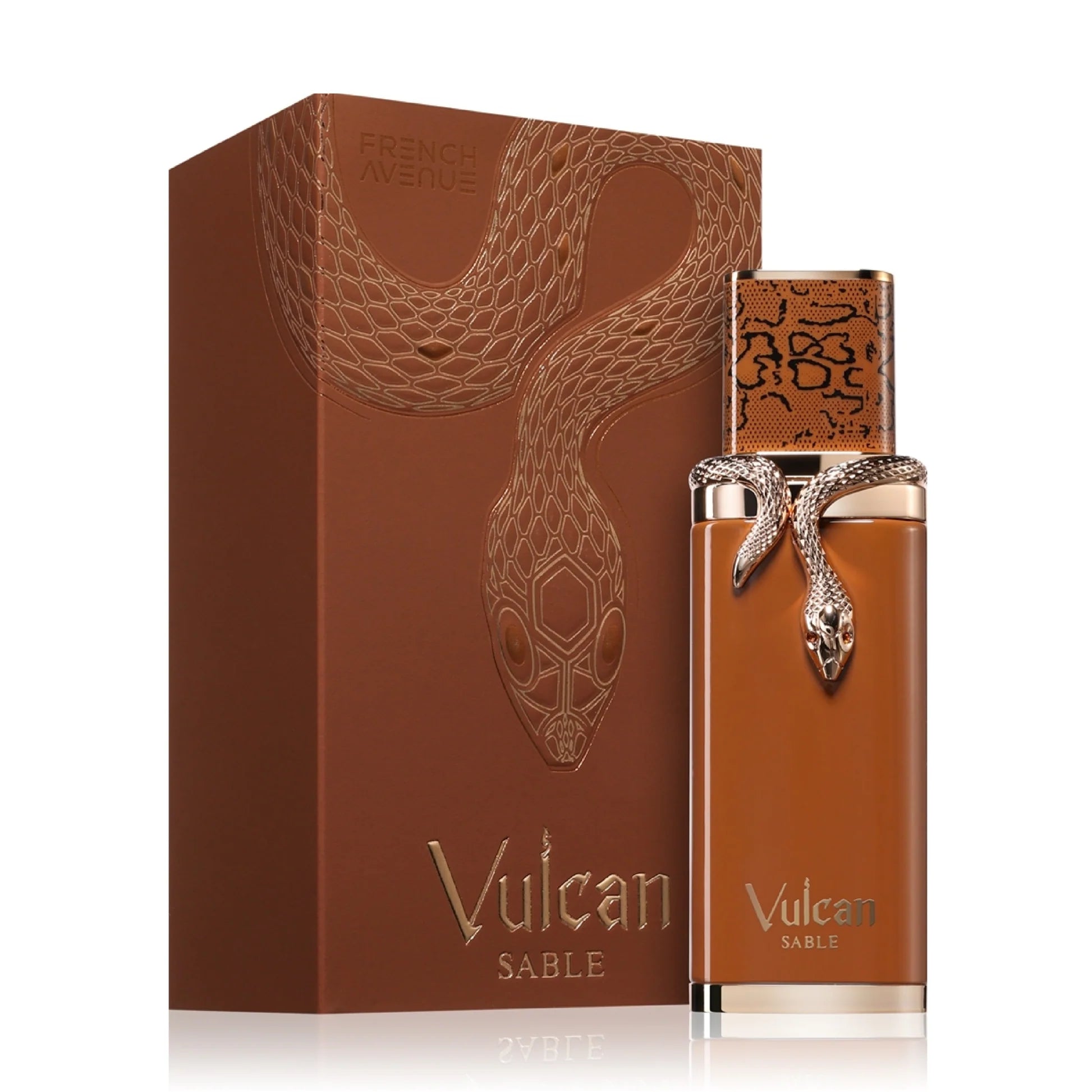 A brown French Avenue Vulcan Sable 100ml Eau De Parfum box with a gold snake design sits next to its matching unisex fragrance, both featuring a gold snake wrapped around the cap. Brand: French Avenue.