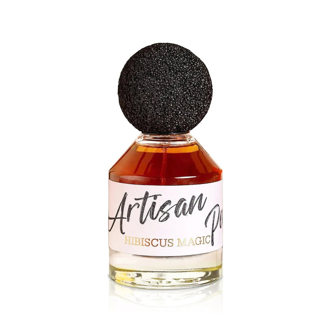 A bottle of Fragrance World Hibiscus Magic 80ml Eau De Parfum, a unisex scent with a round textured black cap and amber liquid, is set against a white background.