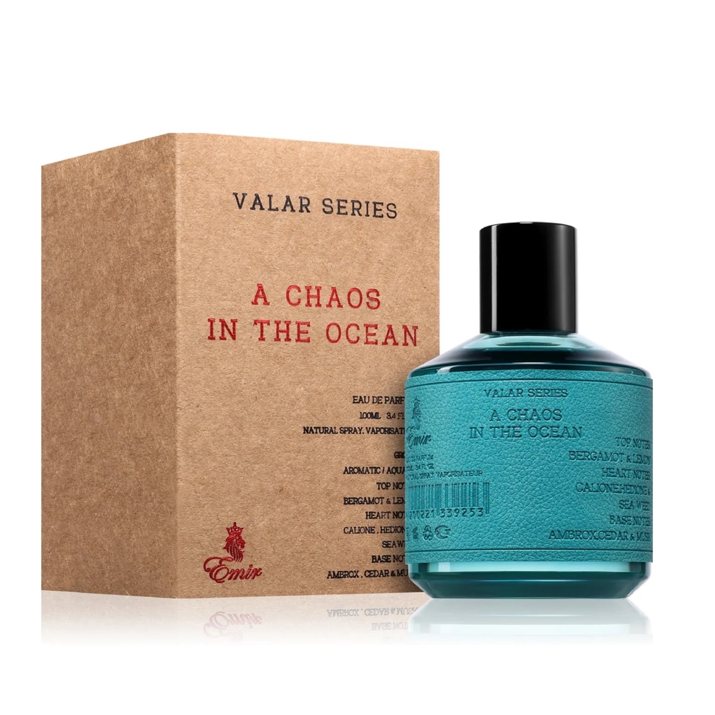 A teal glass bottle labeled "Emir Vala Series A Chaos in the Ocean 100ml Eau De Parfum" by Paris Corner stands beside a matching brown box.