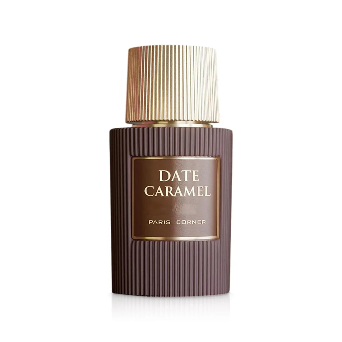 Paris Corner Date Caramel 100ml Eau De Parfum, a unisex fragrance in a brown ribbed bottle with a gold cap and "Date Caramel, Paris Corner" label, is displayed on a white background for an elegant presentation.