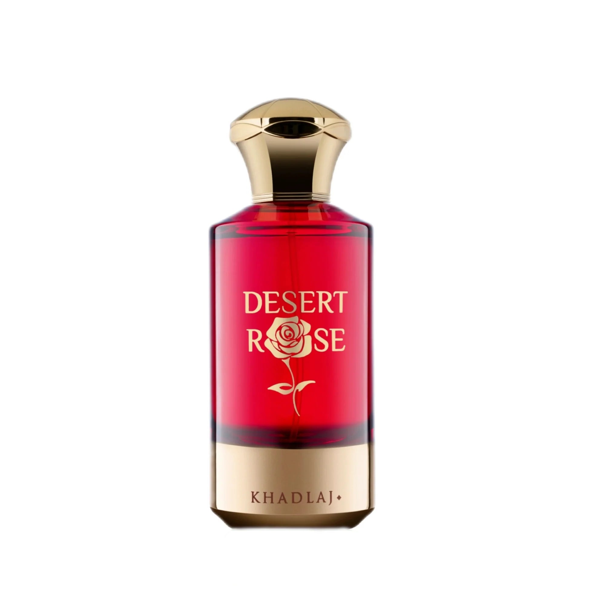 A red and gold 100ml Khadlaj Desert Rose Extrait De Parfum bottle displays a rose graphic with the Khadlaj brand name at the bottom.