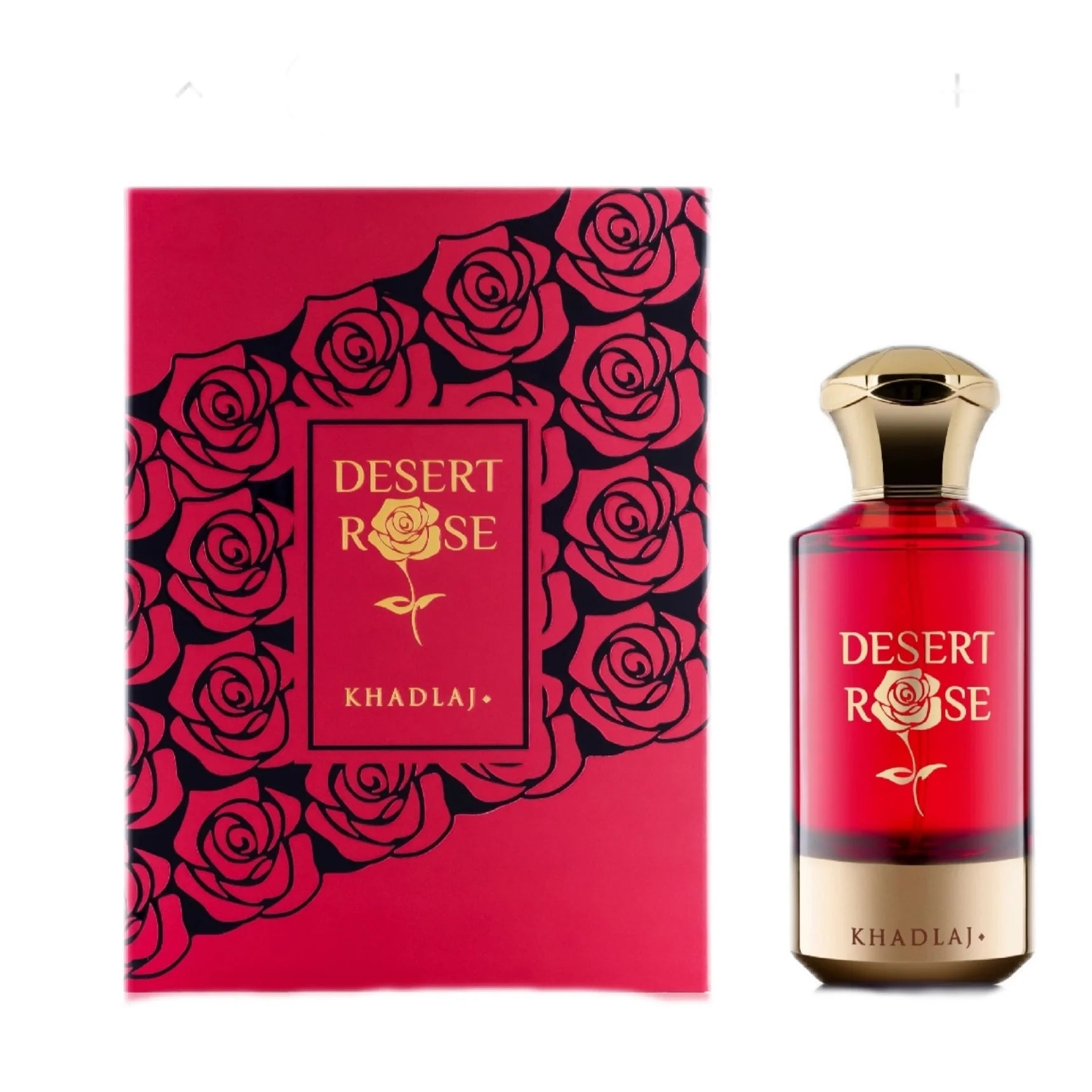 A luxurious Khadlaj Desert Rose 100ml Extrait De Parfum bottle in red and gold stands beside a matching red box with black rose designs and gold accents, highlighting this signature fragrance by Khadlaj.